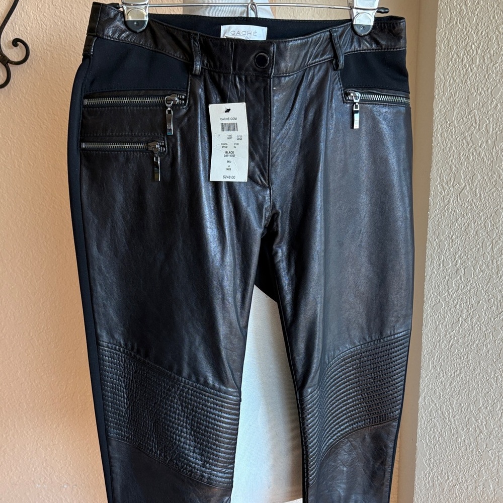 Cache Black Leather Spandex Pants with Zipper Accents Sz 6
